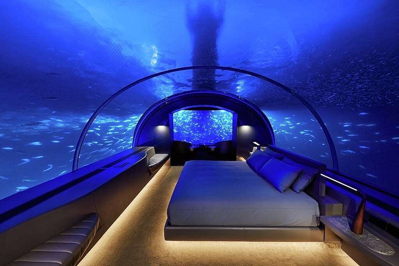Hotelkamer onder water in de Malediven.