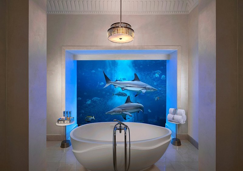 حوض استحمام مع نافذة تمتد من الأرضية إلى السقف بإطلالة على حوض أحياء مائية في دبي.