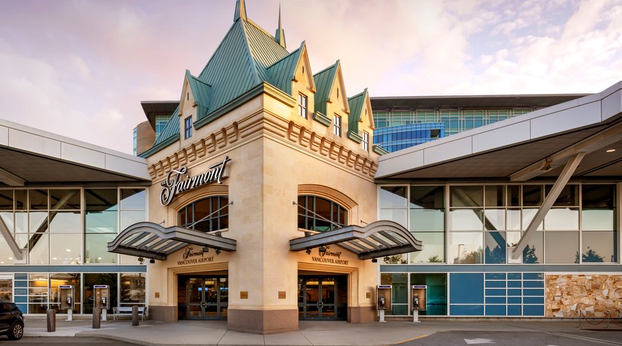 Exterior entrance to Fairmont Vancouver Airport on the departures level of Vancouver International Airport (YVR).