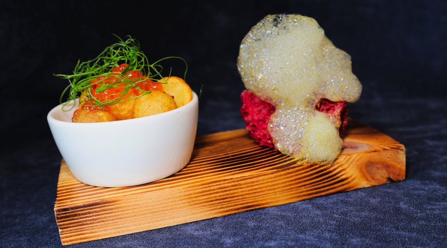 Spring 2023 Ala Carte Menu Potato Pearls, Trout Caviar, Beetroot Sponge, Dill Bubbles, Pea Tops