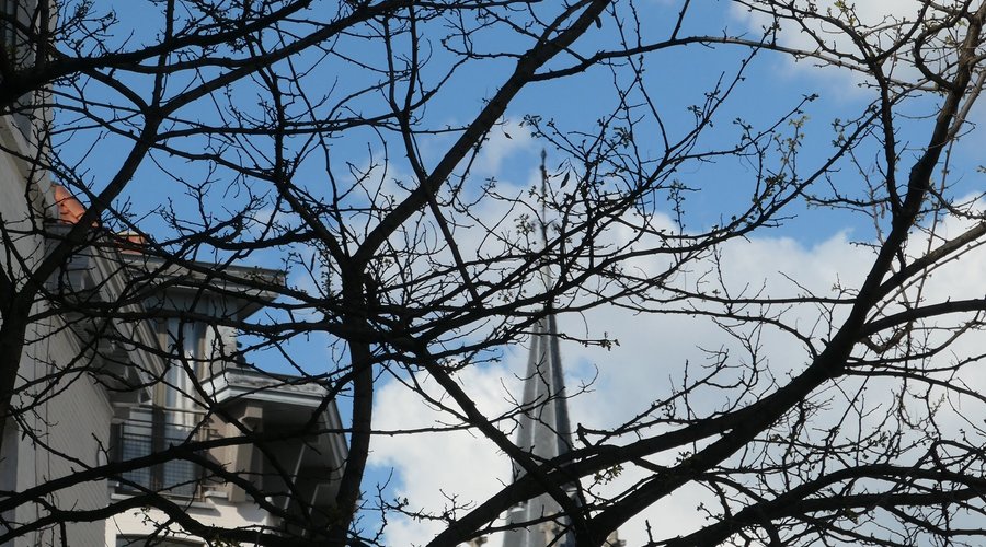 Brussels, spire of Eglise de Saint-Gilles seen from Rue du Fort