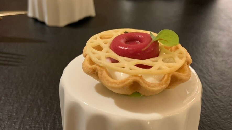 Beetroot panne cotta set on a ricotta pie