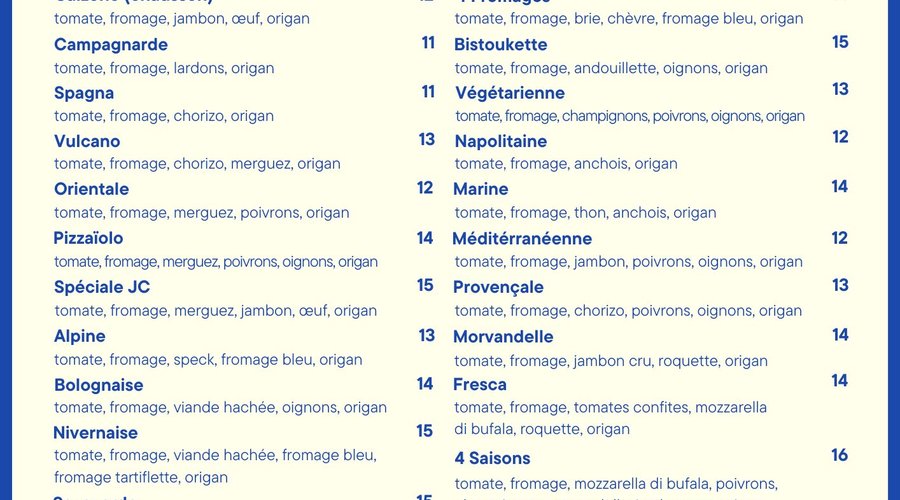 Le menu des pizza, à commander sur place ou à emporter !