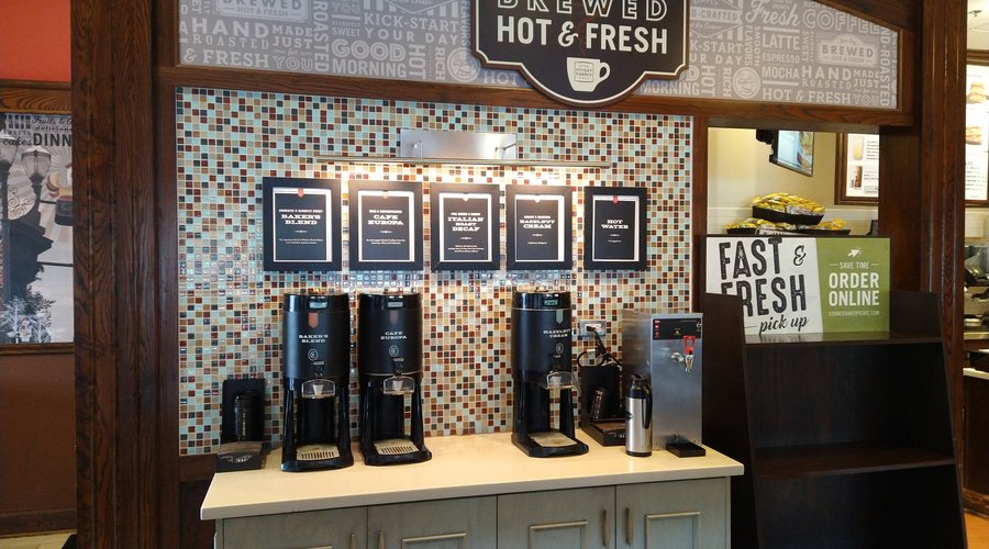 Self-serve coffee station at Corner Bakery Cafe in Tukwila, WA