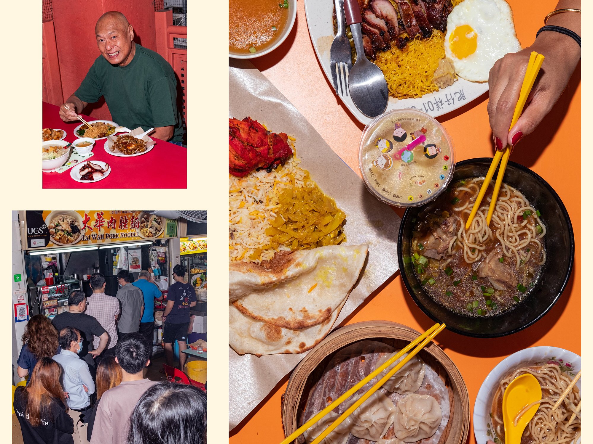 A montage of images including Damian D'Silva, MasterChef Singapore judge and founder of Rempapa, sampling of dishes at ABC Brickworks, a plate of char kway teow, and queues for Tai Wah Pork Noodles