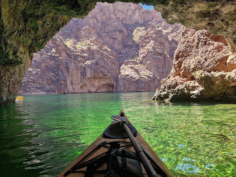 First-person view of a kayak on the green waters of the Emerald Cave near Las Vegas