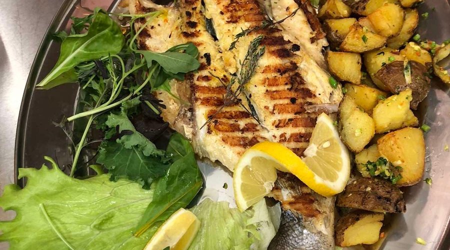 Wild Black Sea Bass platter with Bulgarian traditional Sutte potatoes 🥔.