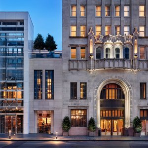 The Joule exterior captured at dusk from Main Street