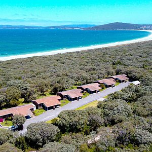 Overhead view of Emu Beach Chalets situated in bushland with Emu Beach in the background