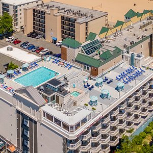 Aerial photo of the Hotel Monte Carlo, including our rooftop bar, pool, and sundeck.