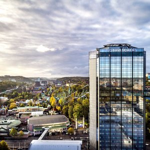 Exterior view with Liseberg Amusement Park in the background. 