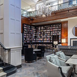The Library at Heathman Hotel is a place for guests to gather. 