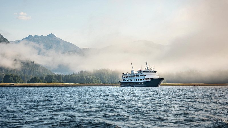 Cruise ship in Alaska on foggy morning