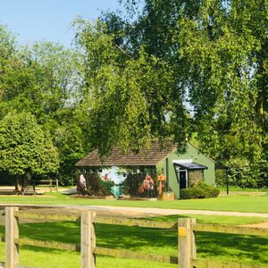 Utility block accross the field at Low Farm Park Folkingham