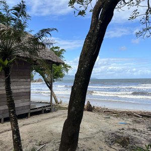A family bungalow and a view of Antongil Bay.