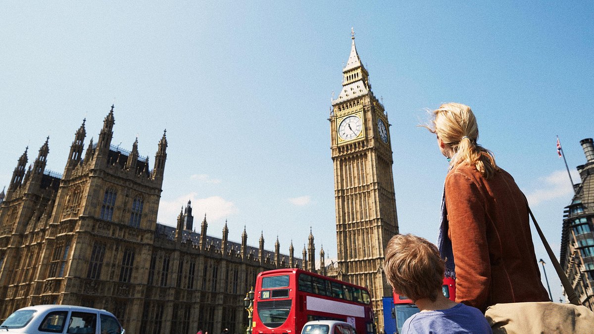 Mother and son in London looking at Big Ben