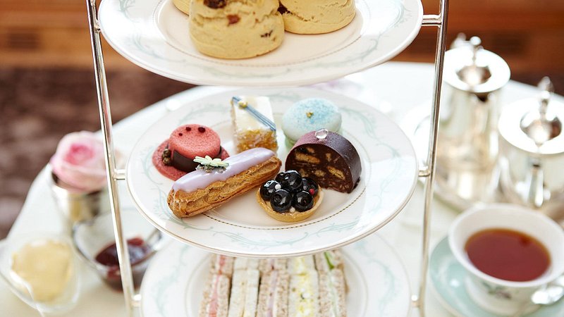 High tea with cakes in London