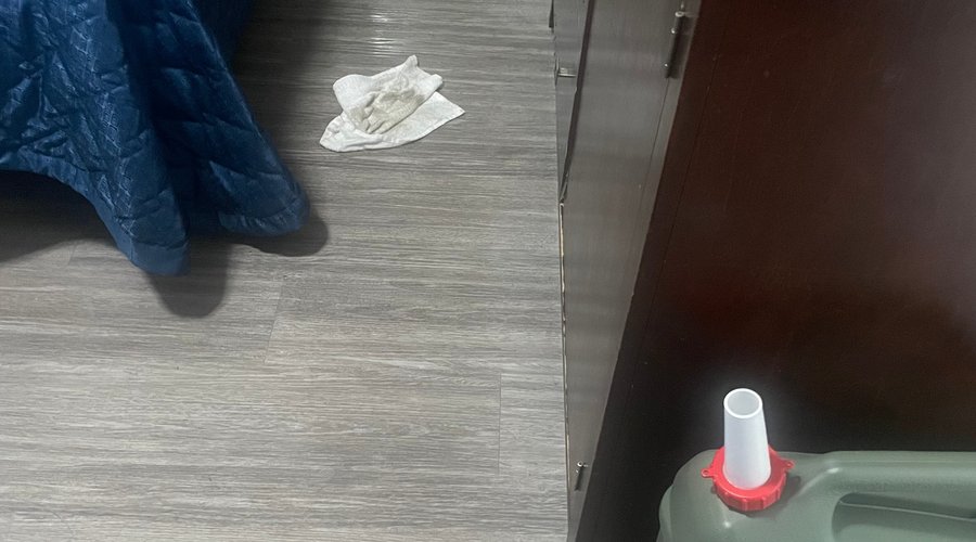 I spilled a splash of water as I filled my kids cup from our 21 liter jug we have for our 5 day roadtrip and I cleaned the water up and we'll just look at the towels disgusting if there not mopping the floors what else are they not cleaning  stay away better places to stay 