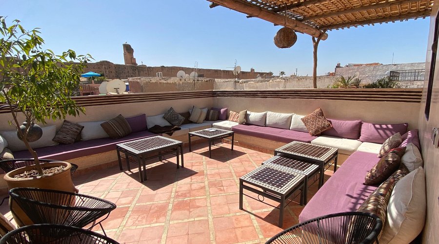 Enjoy the Beautiful and unique view to the storks nesting at the wall of the most ancient and historical palace of marrakech from our rooftop terrace
