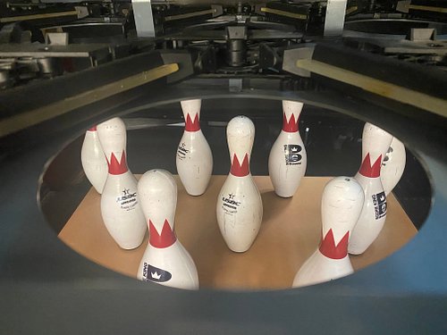 Shoes, Pins and Ball on Bowling Lane in Club Stock Photo - Image