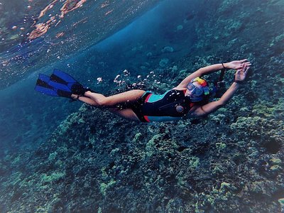 一名女性旅客在珊瑚上浮潛