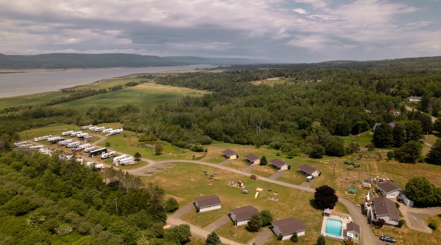 Aerial view of the property showing the cottages and the RV park