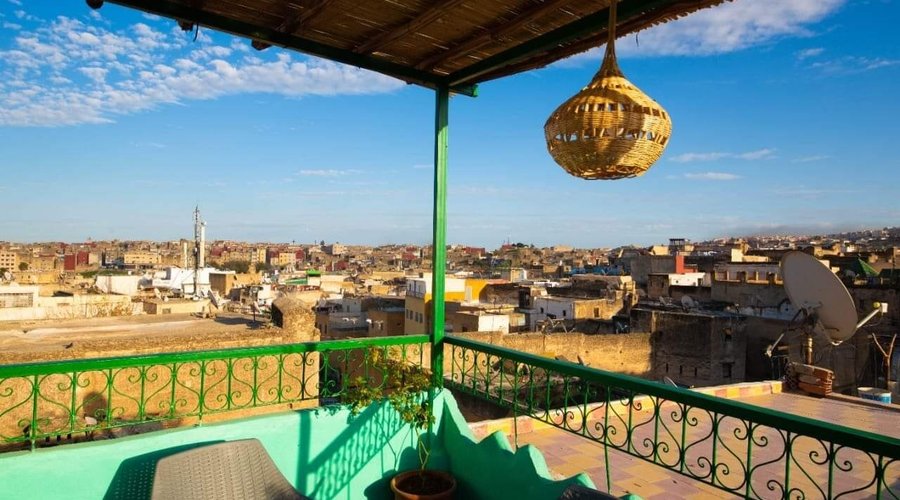 Our panoramic terrace overlooking the Karaouiyne Mosque and  University and Mausoleum of Moulay Idriss II.