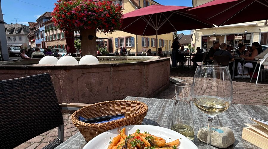 Veggie pasta in the beautiful outdoor seating area