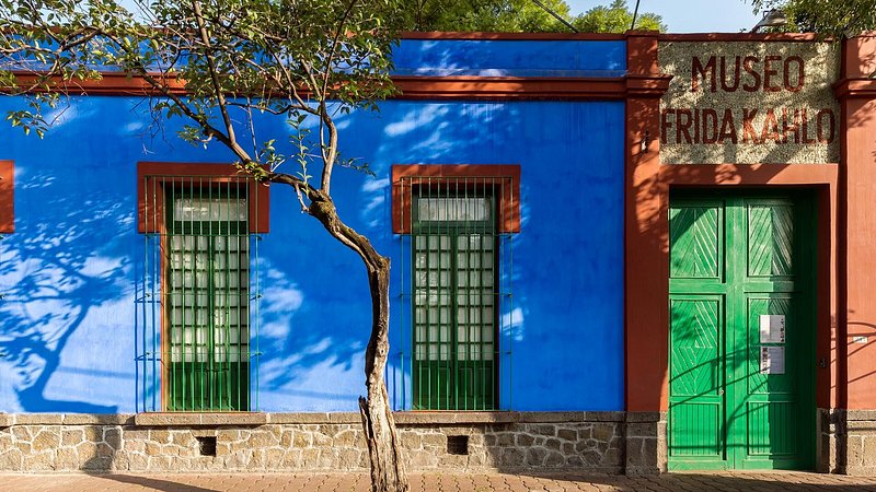 Colorful exterior and entrance of Frida Kahlo Museum in Mexico City