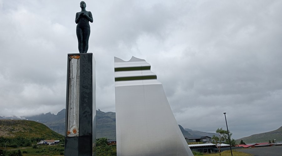 The Syn sculpture by the church in Grundefjordor. Well worth the walk after seeing the waterfalls. 