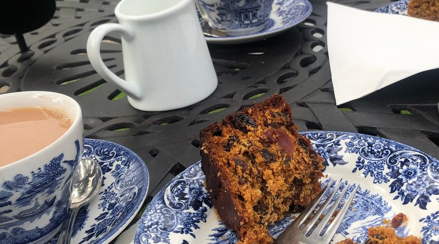 Tasty cake and hot tea. Most places give you a lukewarm tea and we have to ask for HOT water.  Beautiful setting, lovely service.