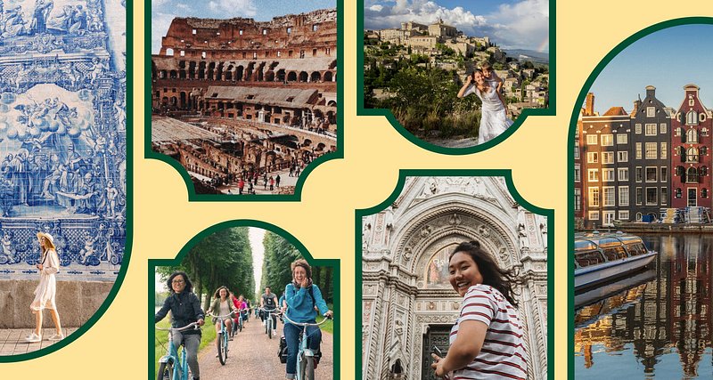 Een collage van reizigers die op vakantie gaan in verschillende delen van Europa. Op de foto's staan onder andere een vrouw die poseert voor een muur in Lissabon met witte en blauwe tegels, het Colosseum in Rome, een groep fietsers die Versailles verkent en de grachten in Amsterdam.