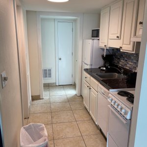 Full kitchen and second bathroom to the left