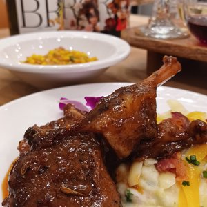 The potatoes, lamb chop, and wine were fabulous.