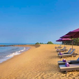 Sun-loungers and umbrellas on beach with Indian Ocean view
