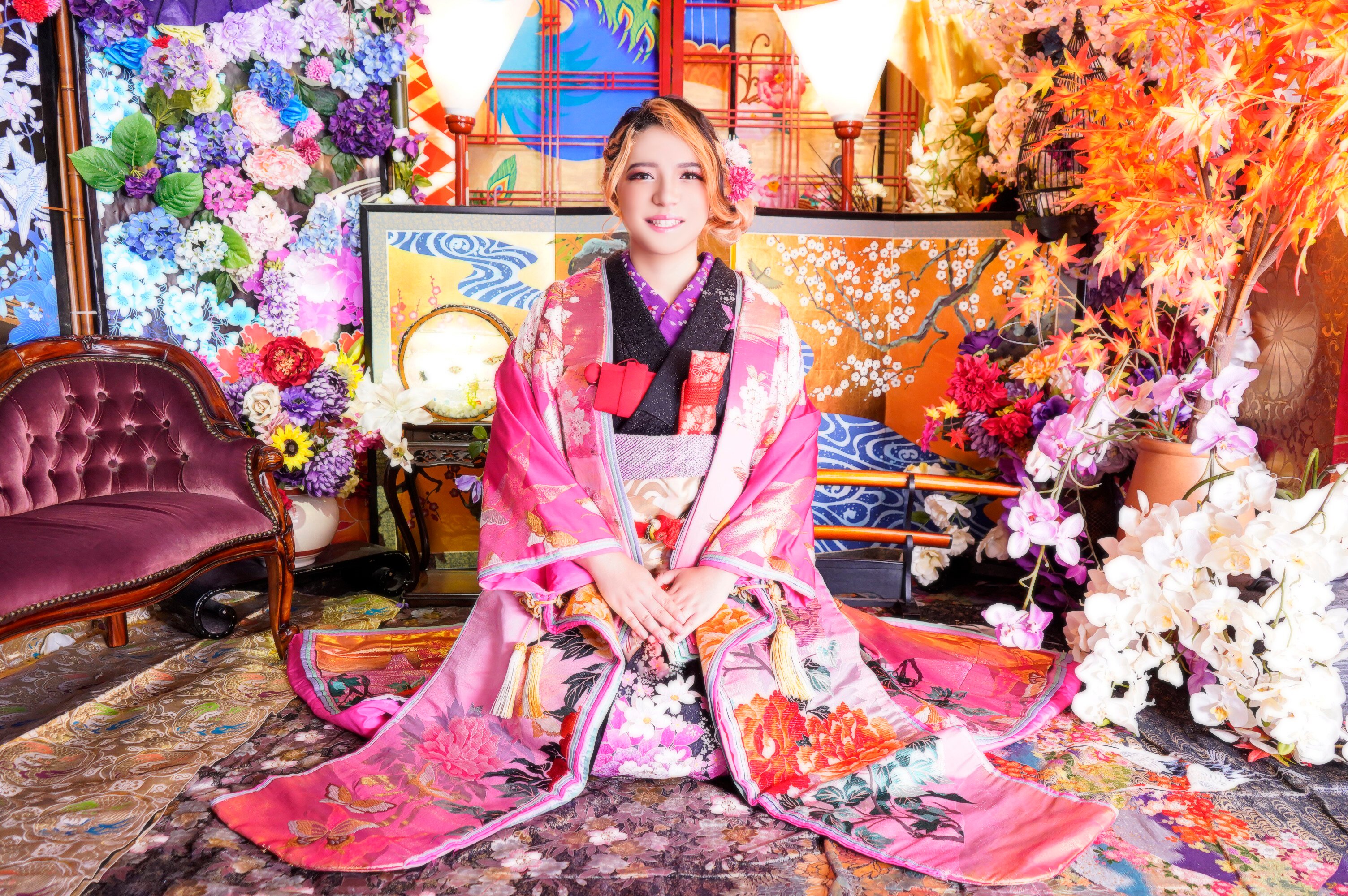 Furisode Kimono & Hakama , Jyuban, Furisode Black, Womens