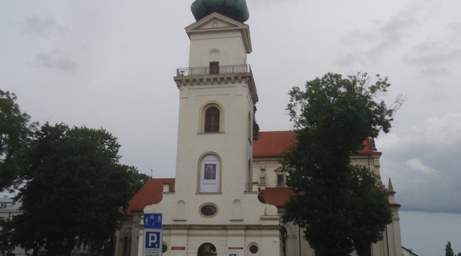 Widok na wysoką dzwonnicę katedralną .