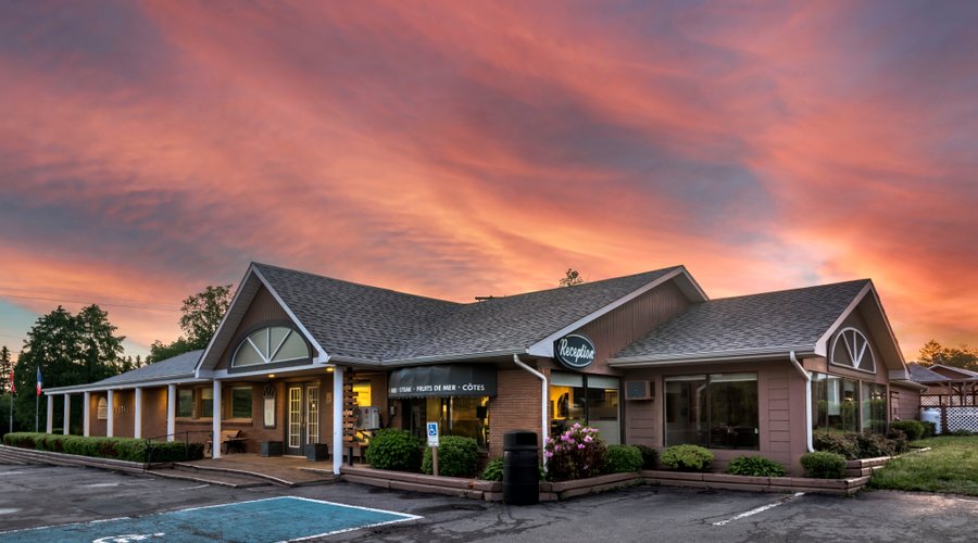 The front of our hotel at sunrise