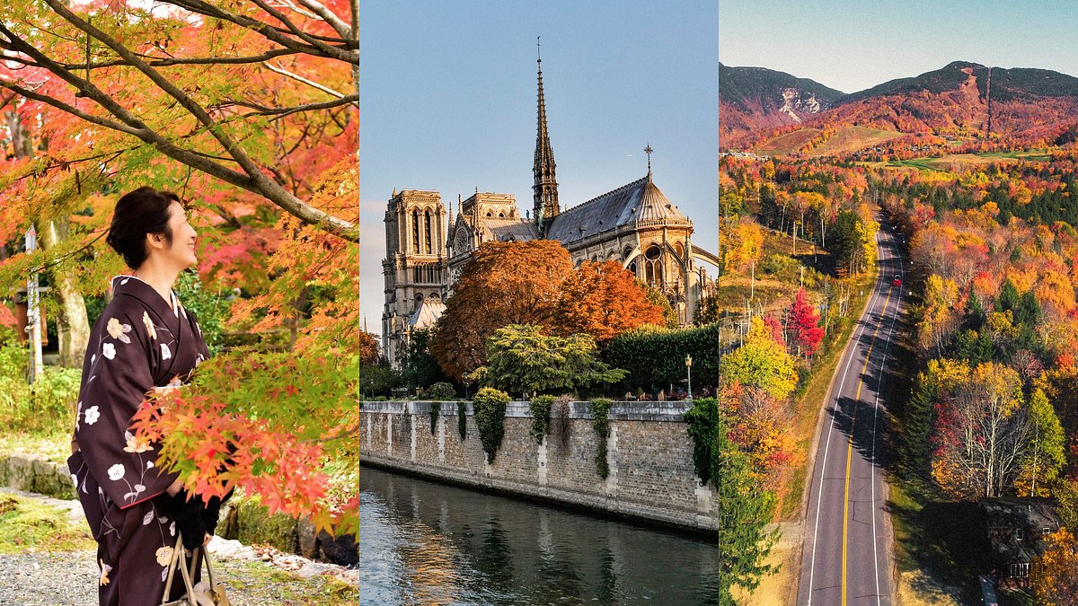 A collage featuring a Japanese lady in a kimono appreciating colourful maple trees in Kyoto; the Seine River and Notre Dame Cathedral in Paris; and an aerial view of a road surrounded by autumn foliage in Stowe, Vermont