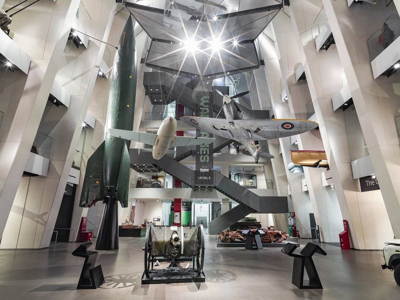 Aviation displays sitting in the middle of a multi-leveled atrium