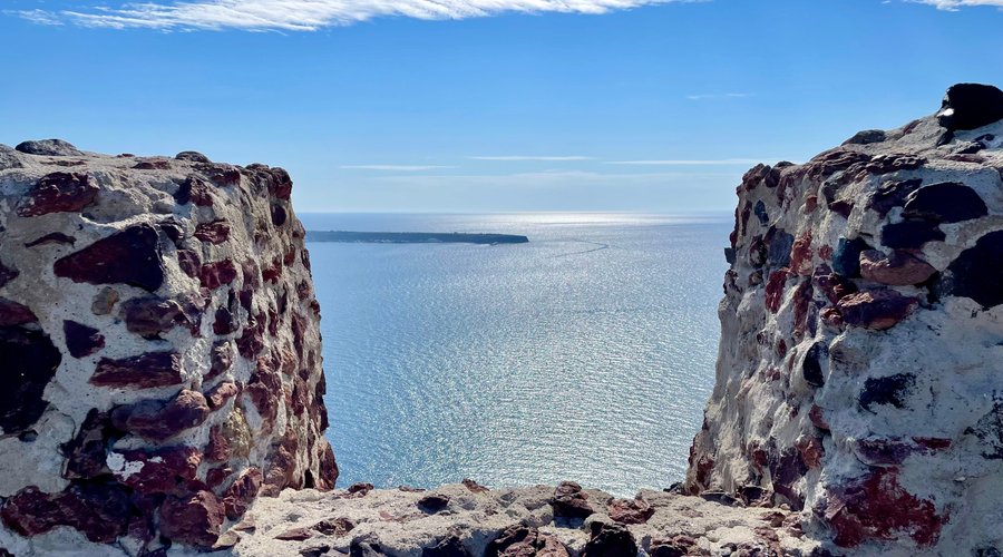 The view from the remaining watchtower at St Nicholas Castle, Oia. 
