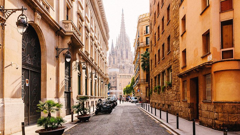 Street in Barcelona with Barcelona Cathedral in the center