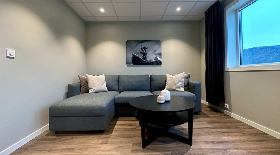 Rom 307 - eget soverom, stuedel med sovesofa, 50" TV med Chromecast, kjøleskap, og en unik utsikt!