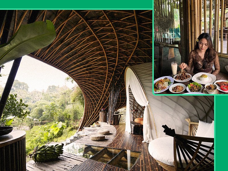 A montage of Bambu Indah Resort in Ubud and a guest dining at Warung Sate Kakul