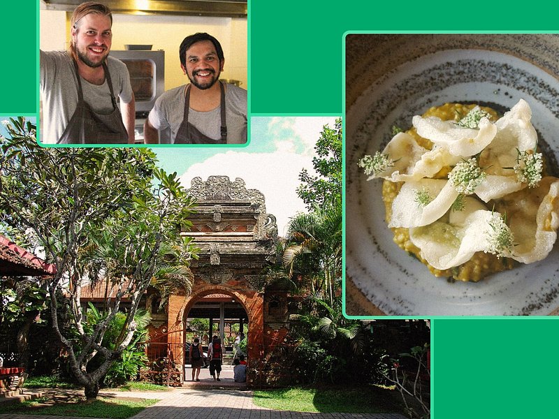A montage of chefs Ray Adriansyah and Eelke Plasmeijer, a dish from Restaurant Locavore dish, and the Puri Saren Palace