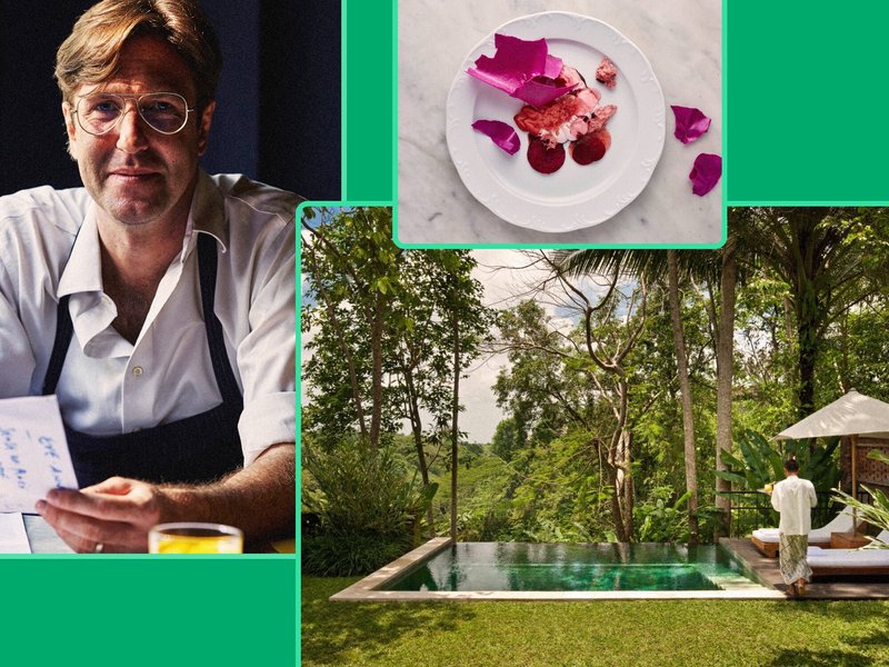 A montage of chef Will Goldfarb, a sweet dish from Room4Dessert, and COMO Uma Ubud