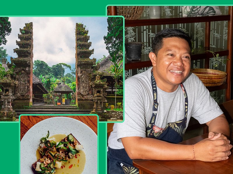 A montage featuring Pura Luhur Batukaru, chef Wayan Kresna Yasa, and a dish from Home by Chef Wayan