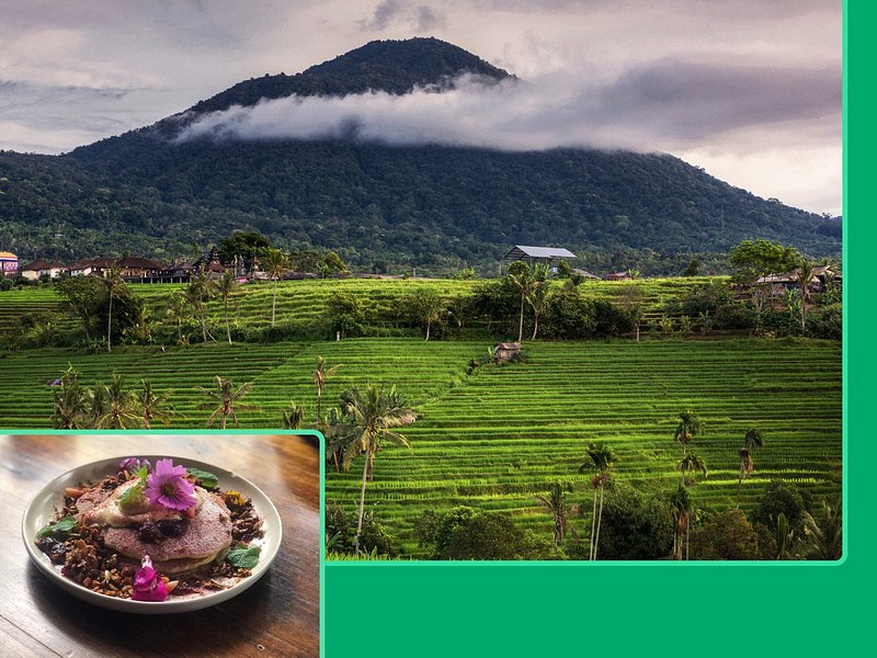 A montage of Mount Batukaru and a dish from RiZE Cafe