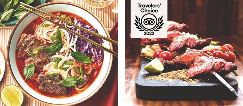 Left: Bowl of beef pho next to sliced lime; Right: Board topped with skewered chicken, tomatoes, and lime