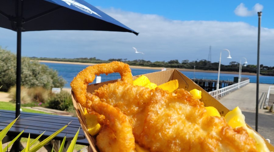 Fresh Bass Strait Gummy shark in crispy batter paired with calamari ring,  prawn and chunky chips 🤤
